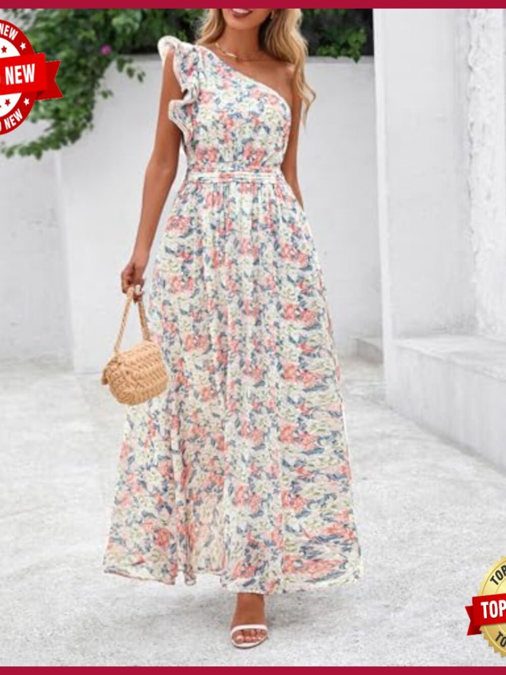 One Shoulder Floral Maxi Dress Smocked Back Ruffle Sleeveless Beach Wedding - Picture 5 of 7